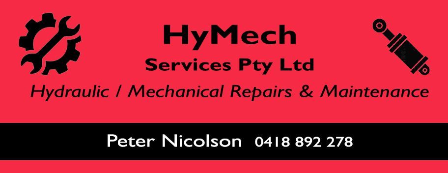 A red and black business card for hymech services pty ltd
