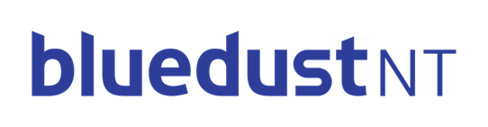 A blue and white logo for bluedustnt on a white background