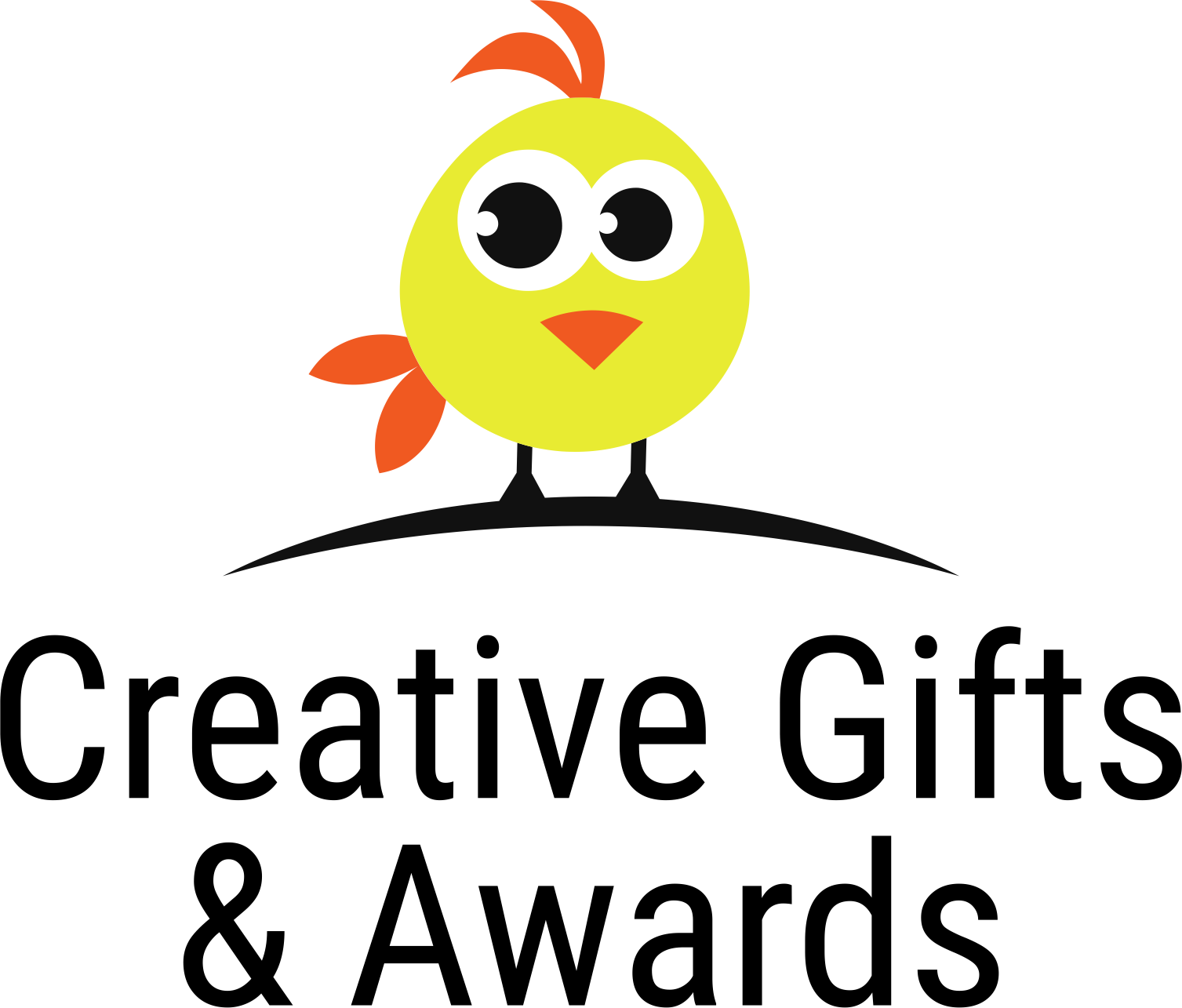 Yellow chick cartoon with orange wings and crest above the words