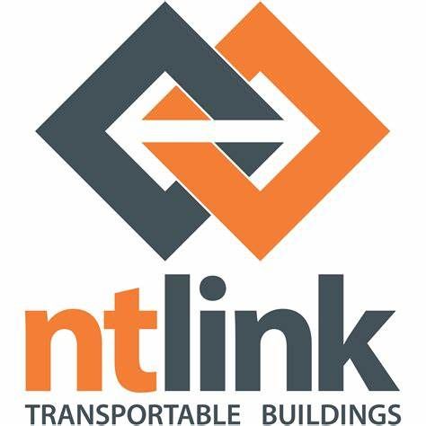A logo for ntlink transportable buildings with two arrows pointing in opposite directions