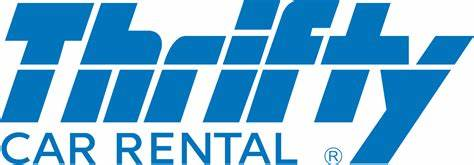 A blue logo for thrifty car rental on a white background