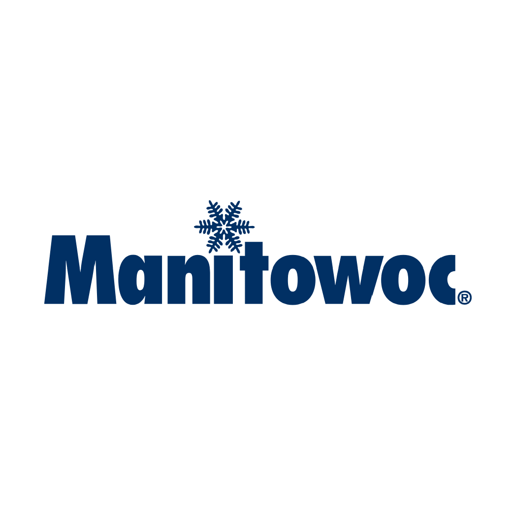 Manitowoc logo, dark blue text with snowflake icon.