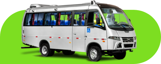 Um ônibus branco está estacionado em um fundo verde.