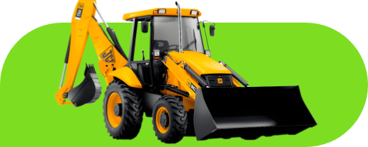Um trator amarelo com uma caçamba preta sobre um fundo verde.
