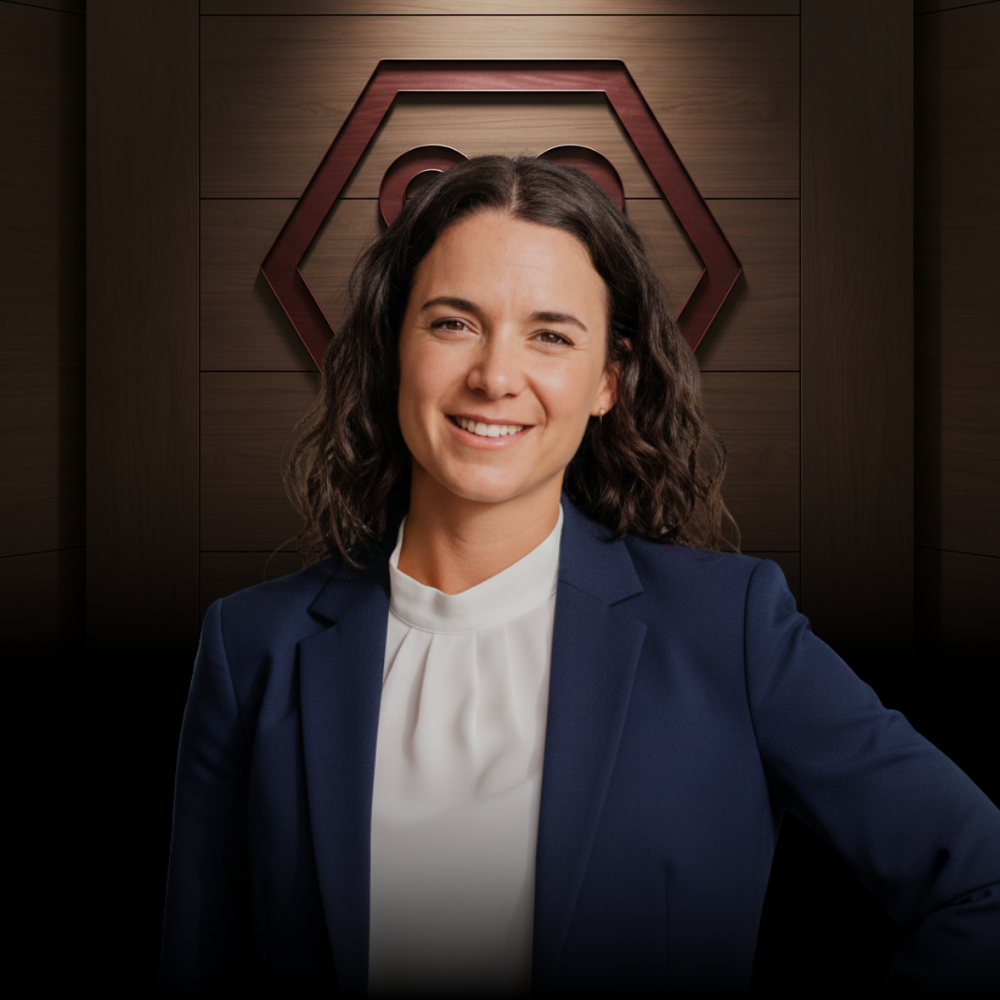 A smiling person in a blue blazer and white blouse stands before a dark wall with a hexagonal emblem.