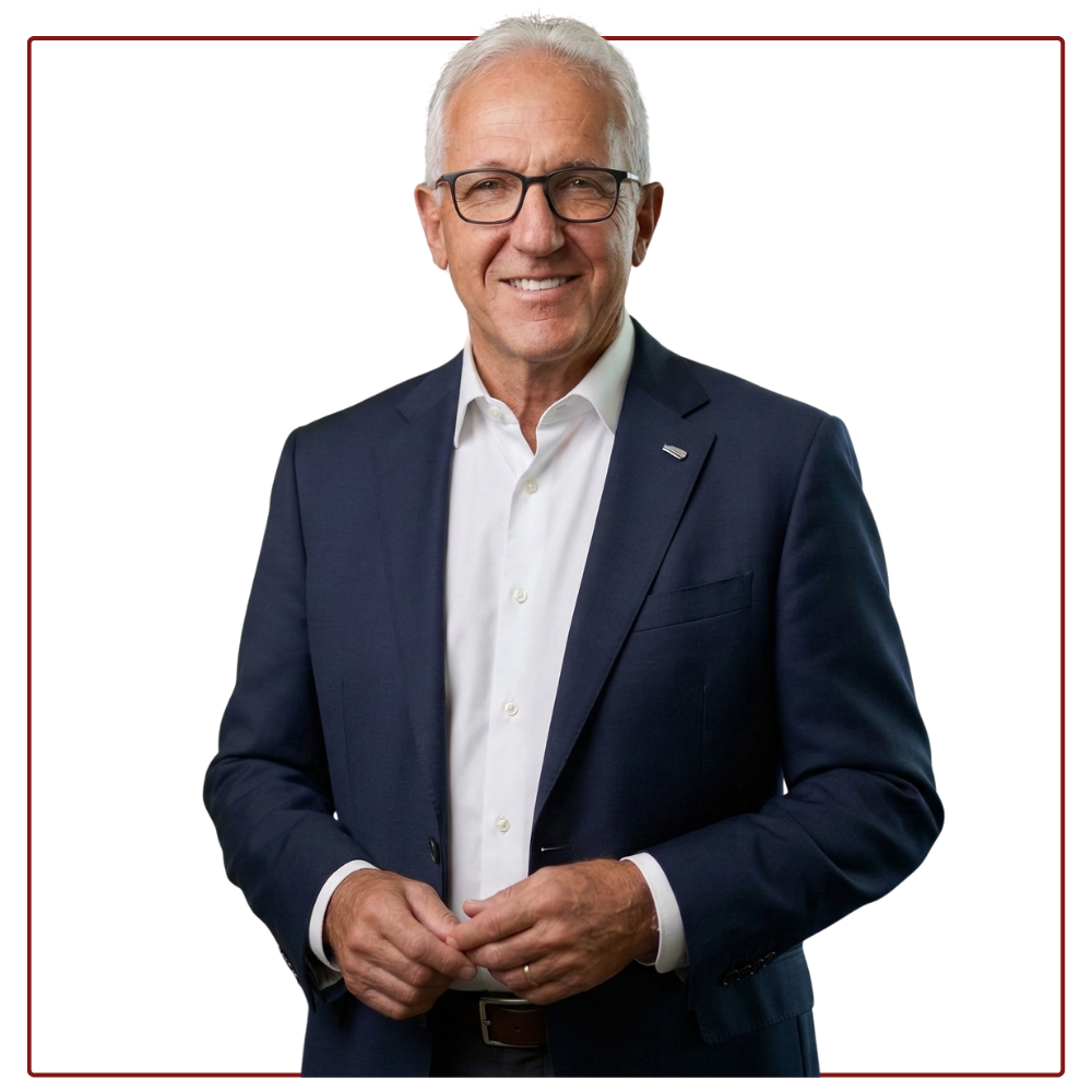 A man in a blue blazer and white shirt leaning forward with folded arms against a white background.