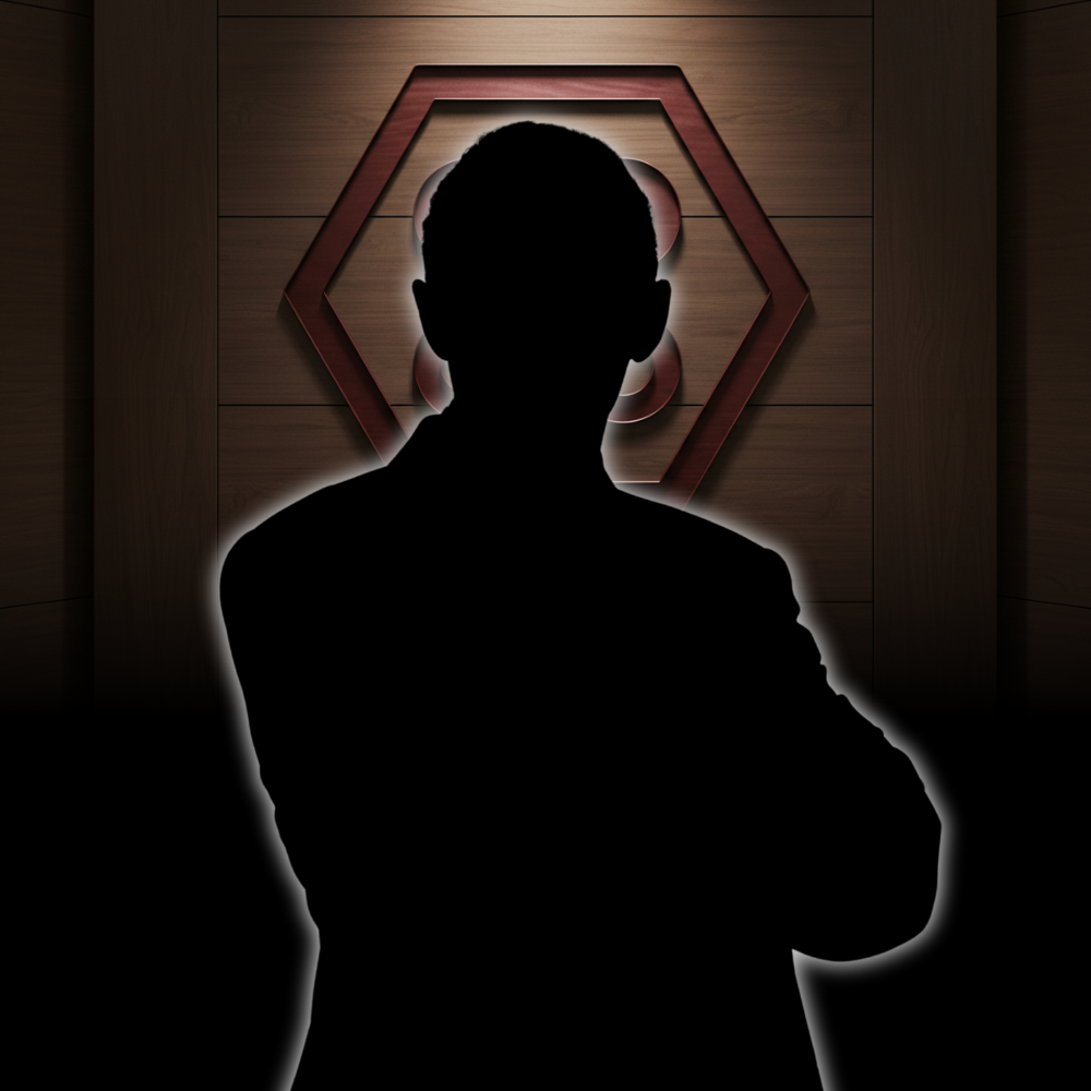 A smiling person in a blue blazer and white blouse stands before a dark wall with a hexagonal emblem.