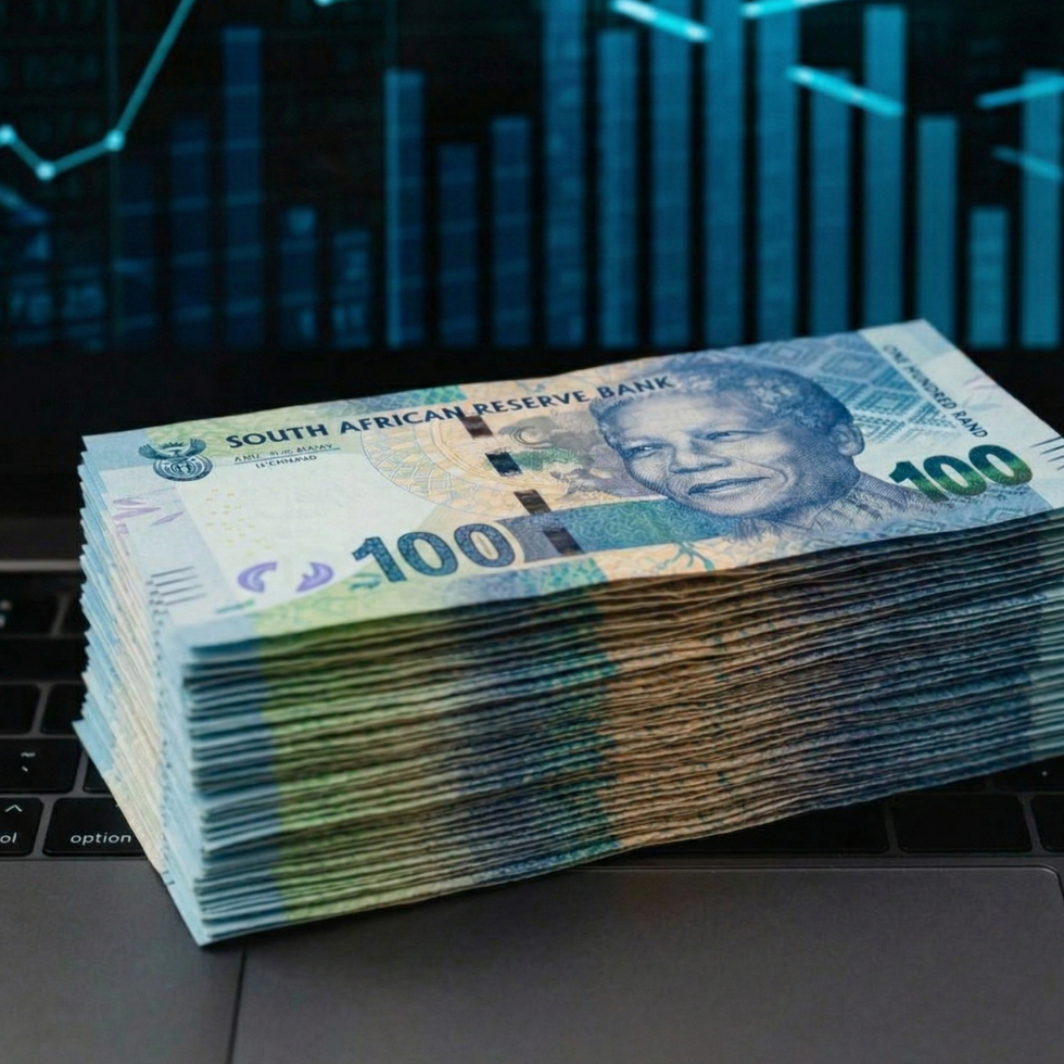 A thick stack of South African 100 Rand banknotes rests on a laptop keyboard in front of a blue digital finance graph.