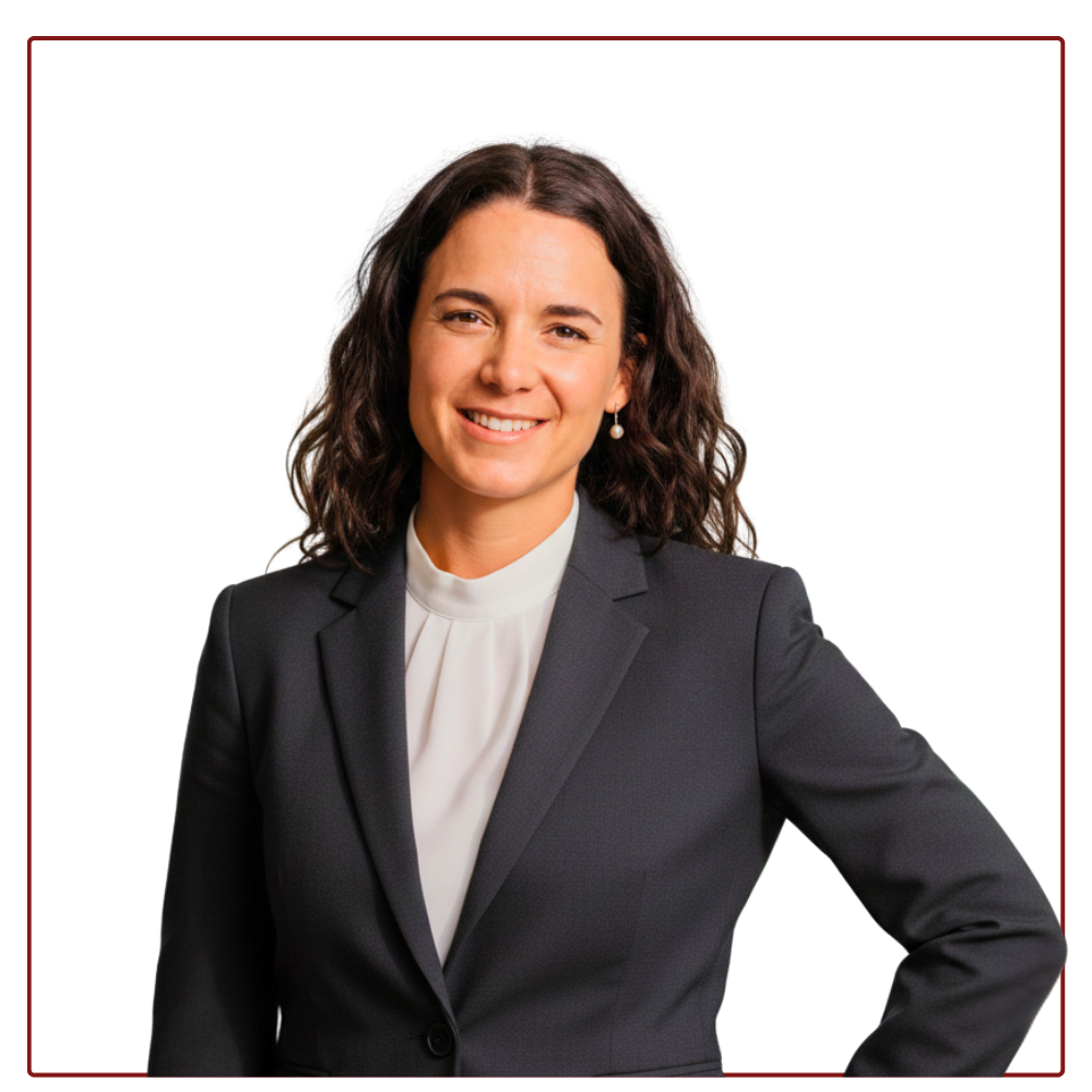 A smiling professional with dark wavy hair wearing a navy blazer and white high-neck top against a white background.