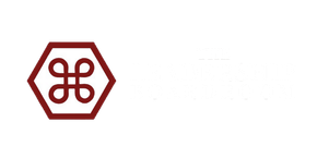 A maroon hexagonal border containing a stylized, looping, symmetrical knot symbol, set against a plain white background.