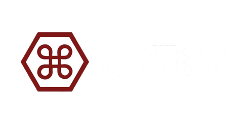 A dark red hexagonal icon with a white looped knot symbol inside, positioned to the left of obscured white text.