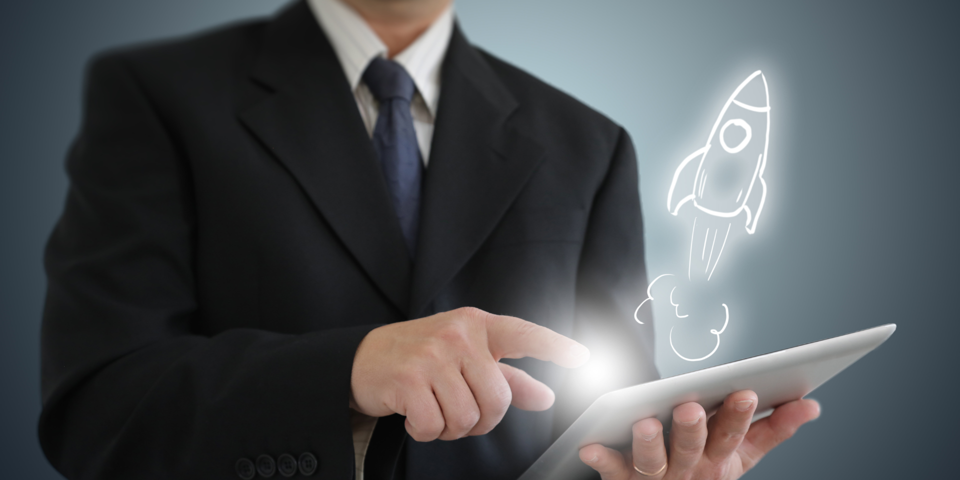 A professional in a suit taps a digital tablet screen as a glowing, hand-drawn rocket icon launches from it.