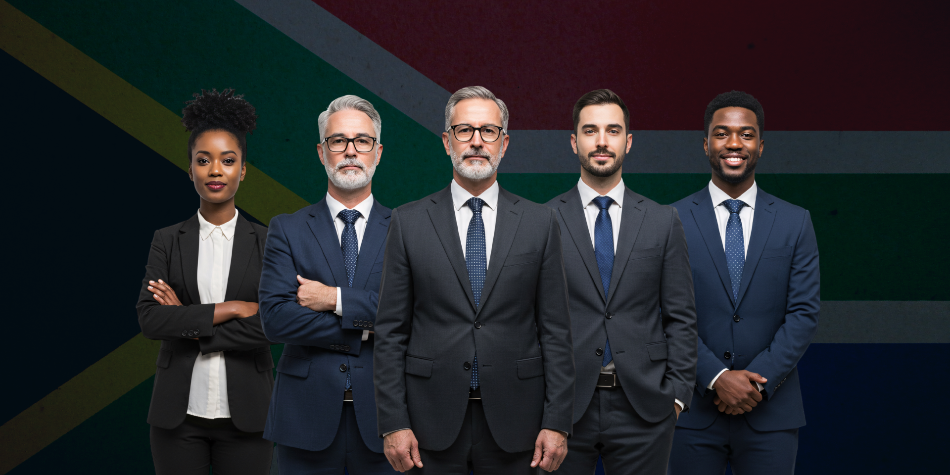 Five professionals in formal business attire stand side-by-side against a background of the South African flag.