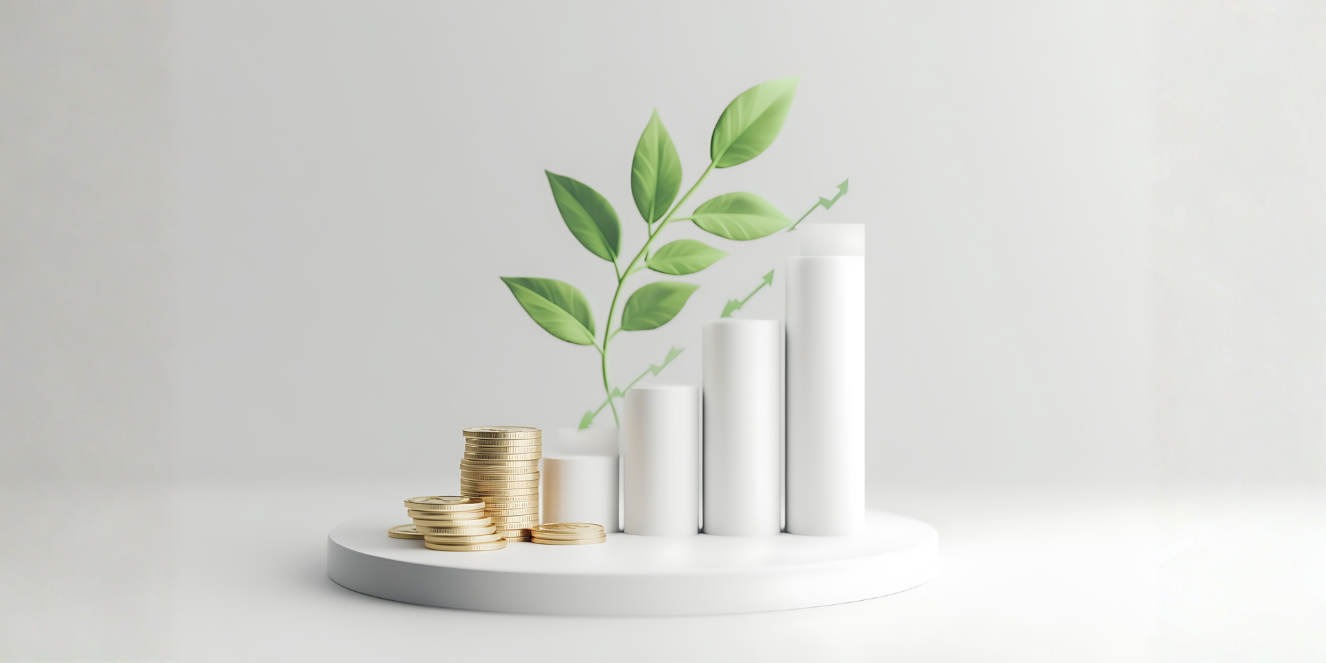 A stack of gold coins sits beside a rising bar chart on a white podium, with a green leafy branch growing behind them.