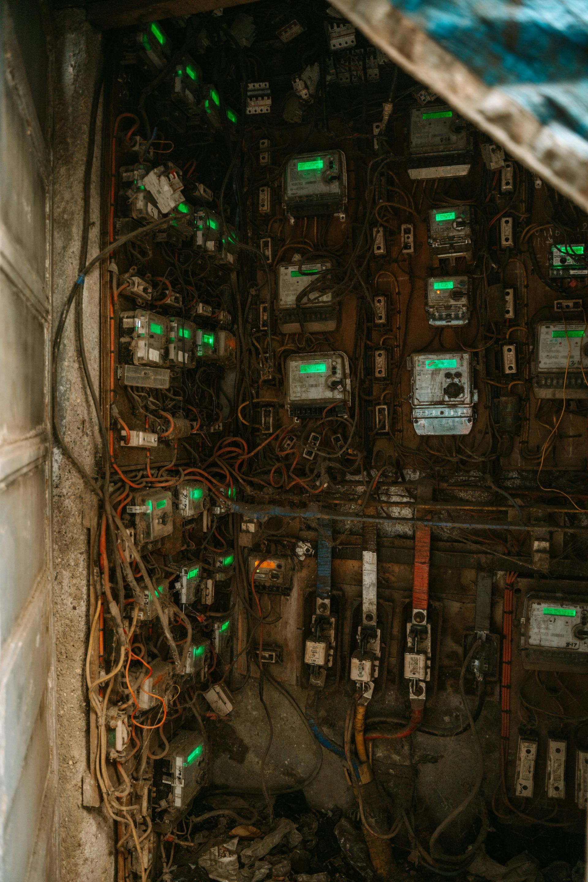 A cluttered electrical panel filled with meters and wires, many with glowing green displays, in a grimy setting.