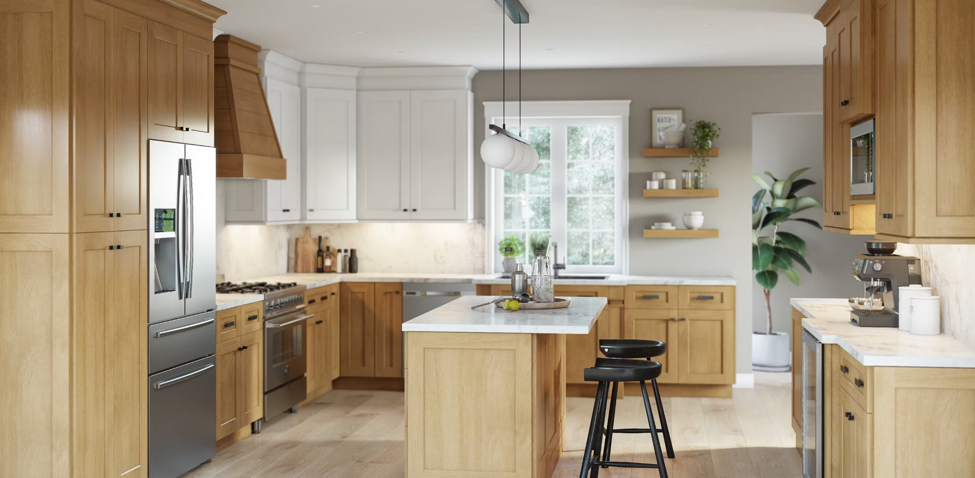 A kitchen with wooden cabinets and stainless steel appliances.