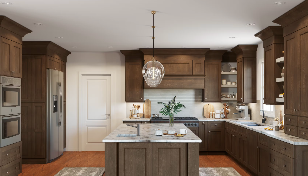 A kitchen with a large island in the middle of it