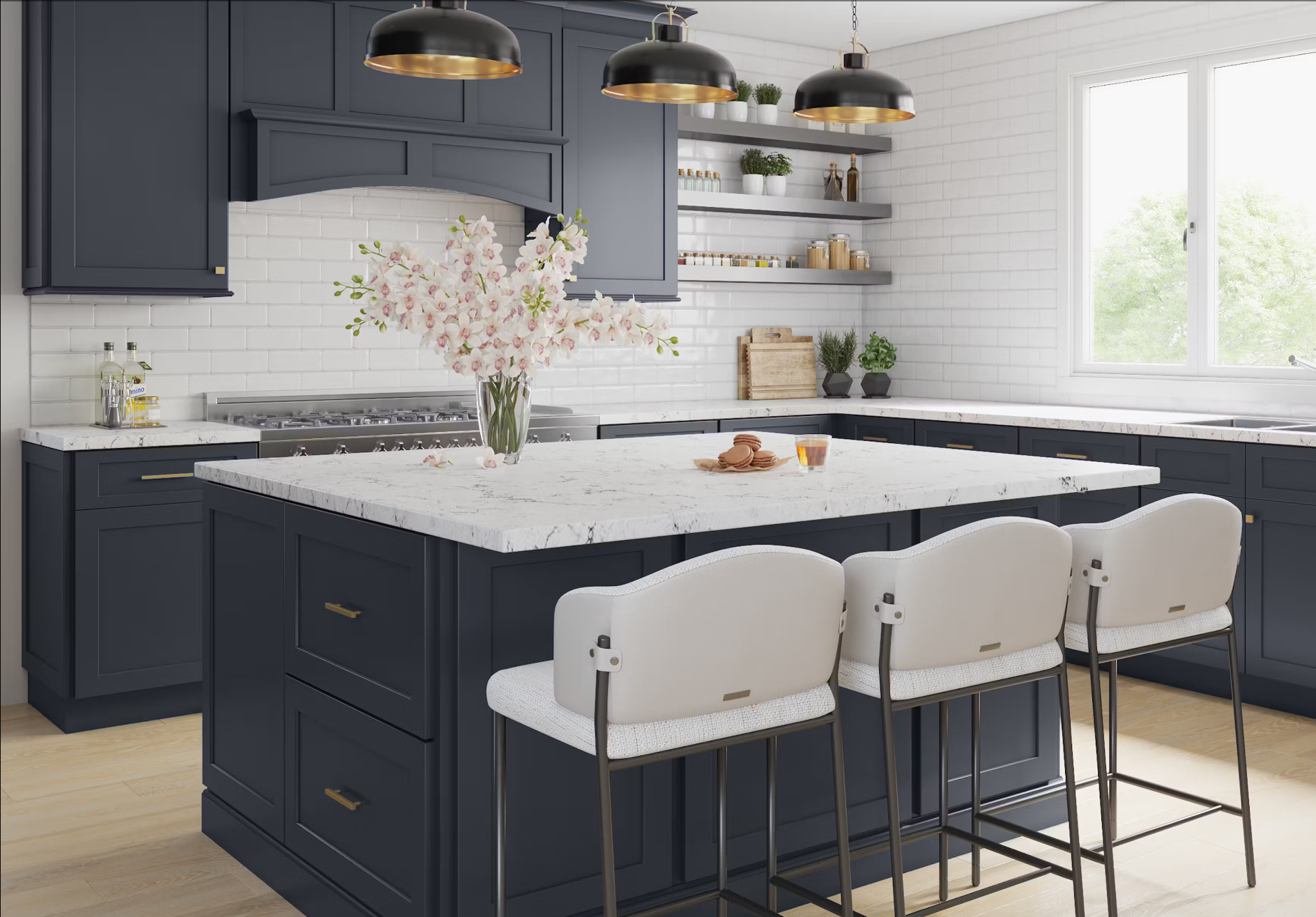 A kitchen with blue cabinets , white counter tops , and a large island.