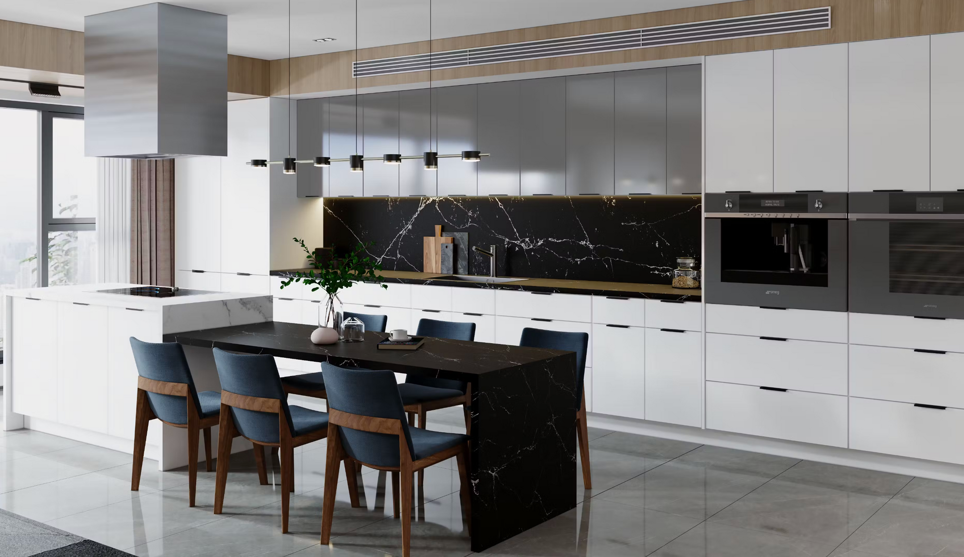 A kitchen with a table and chairs in it