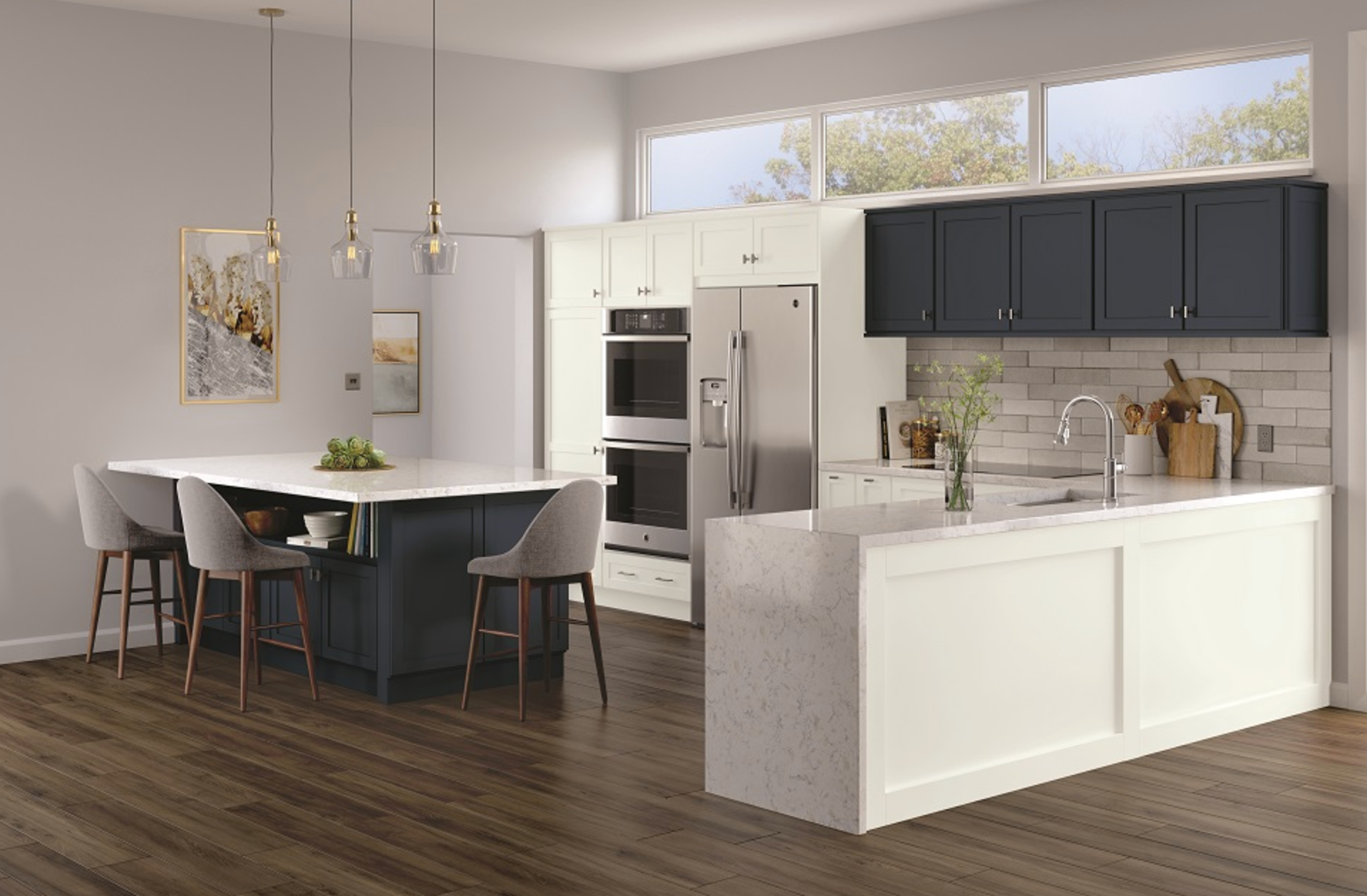 A kitchen with black cabinets and white counter tops and a large island.