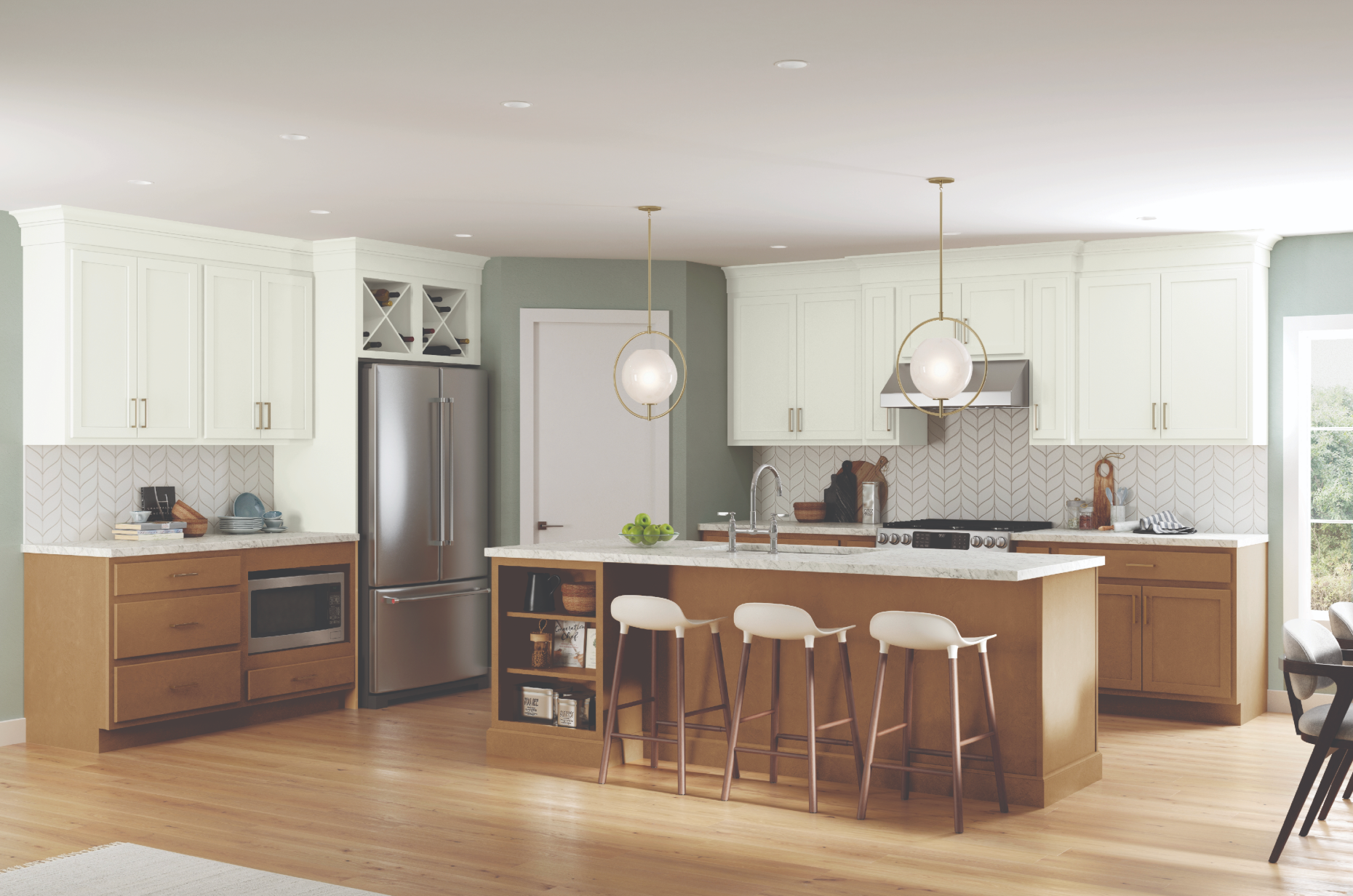 A kitchen with white cabinets , wooden cabinets , stainless steel appliances and a large island.