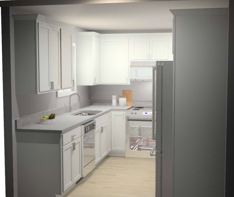 A kitchen with white cabinets , a stove , a refrigerator , and a sink.