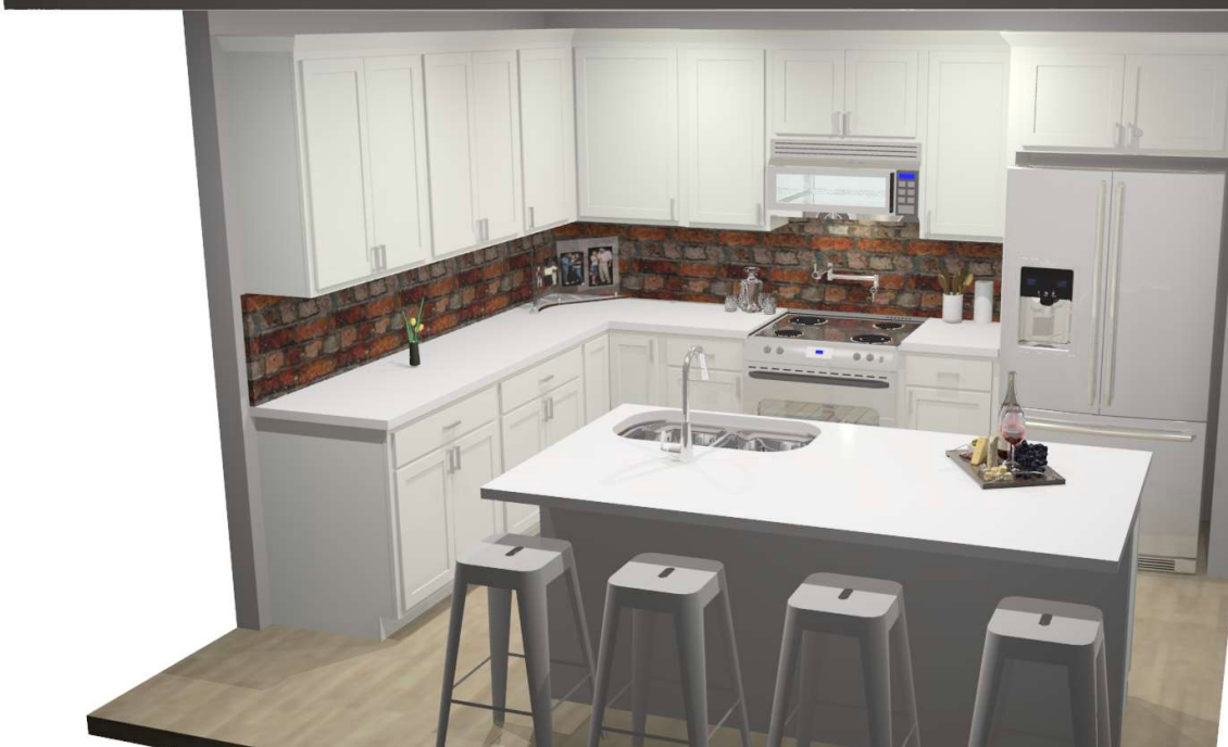 A 3d model of a kitchen with white cabinets and stools.