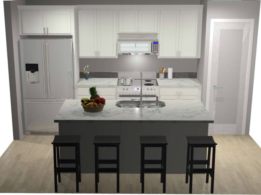 A kitchen with white cabinets and black stools
