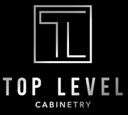 The logo for top level cabinetry is white on a black background.