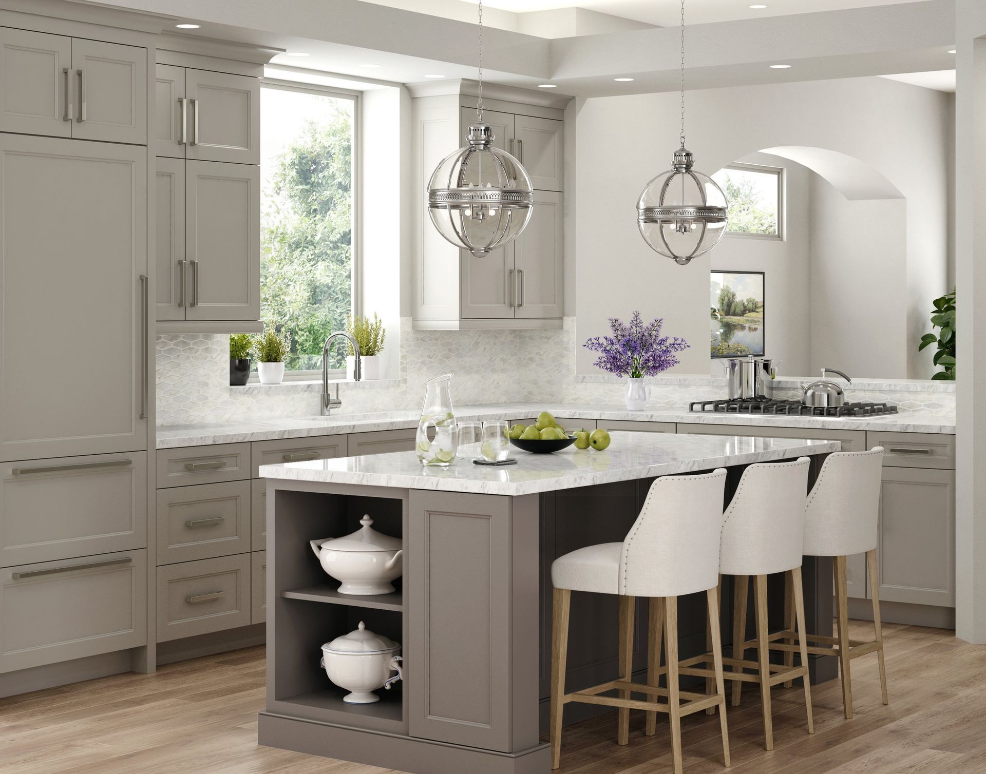 A kitchen with gray cabinets , white counter tops , and a large island.