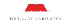 The merillat cabinetry logo is a red m on a white background