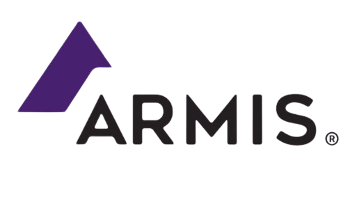 A logo for armis with a purple arrow pointing up.