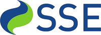 A blue and green logo for sse with a green leaf on a white background.