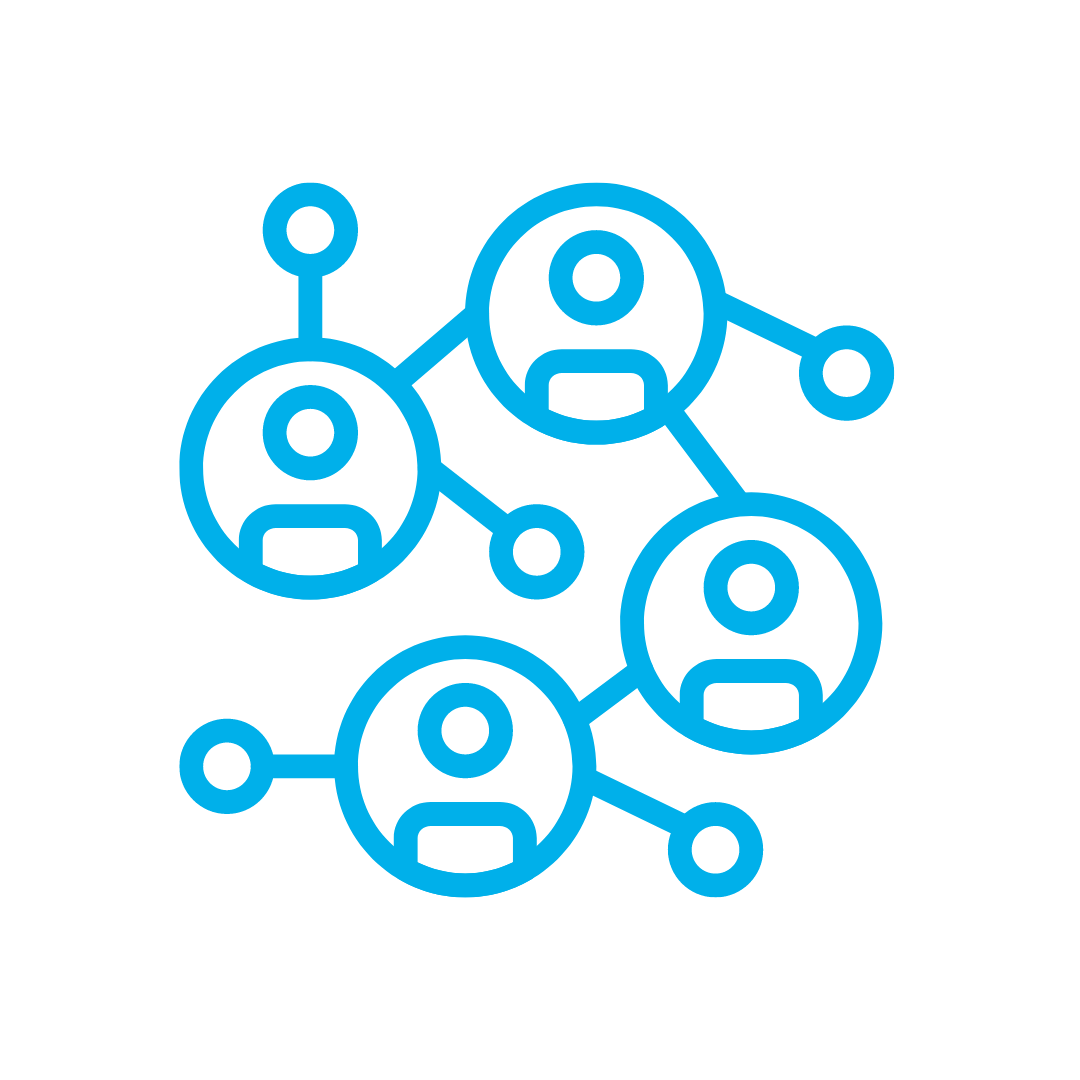 A blue icon of a group of people connected to each other.