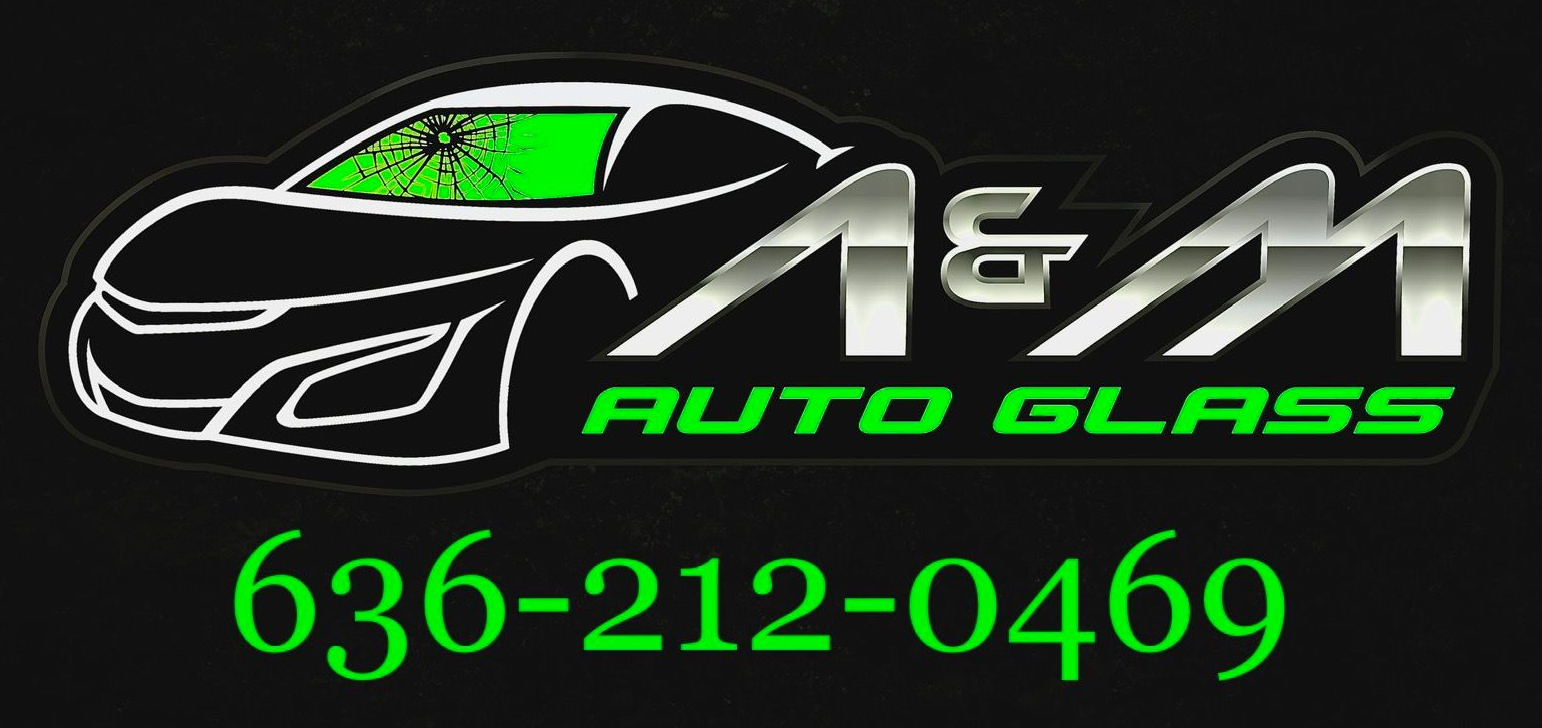 Logo of A&M Auto Glass, with a car silhouette and phone number 636-212-0469. Green and silver on black.