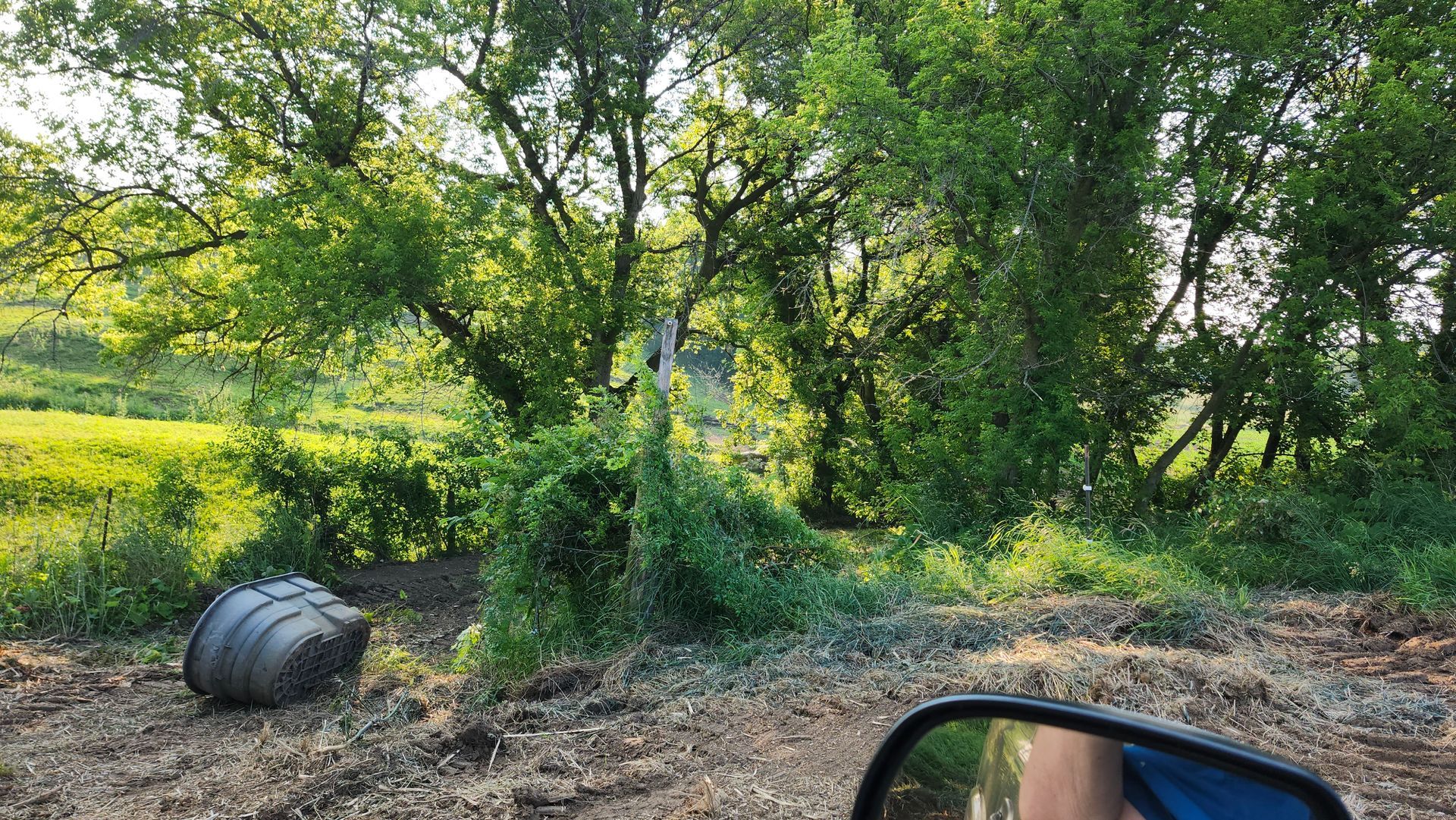 A person is looking at their rear view mirror while driving down a dirt road.