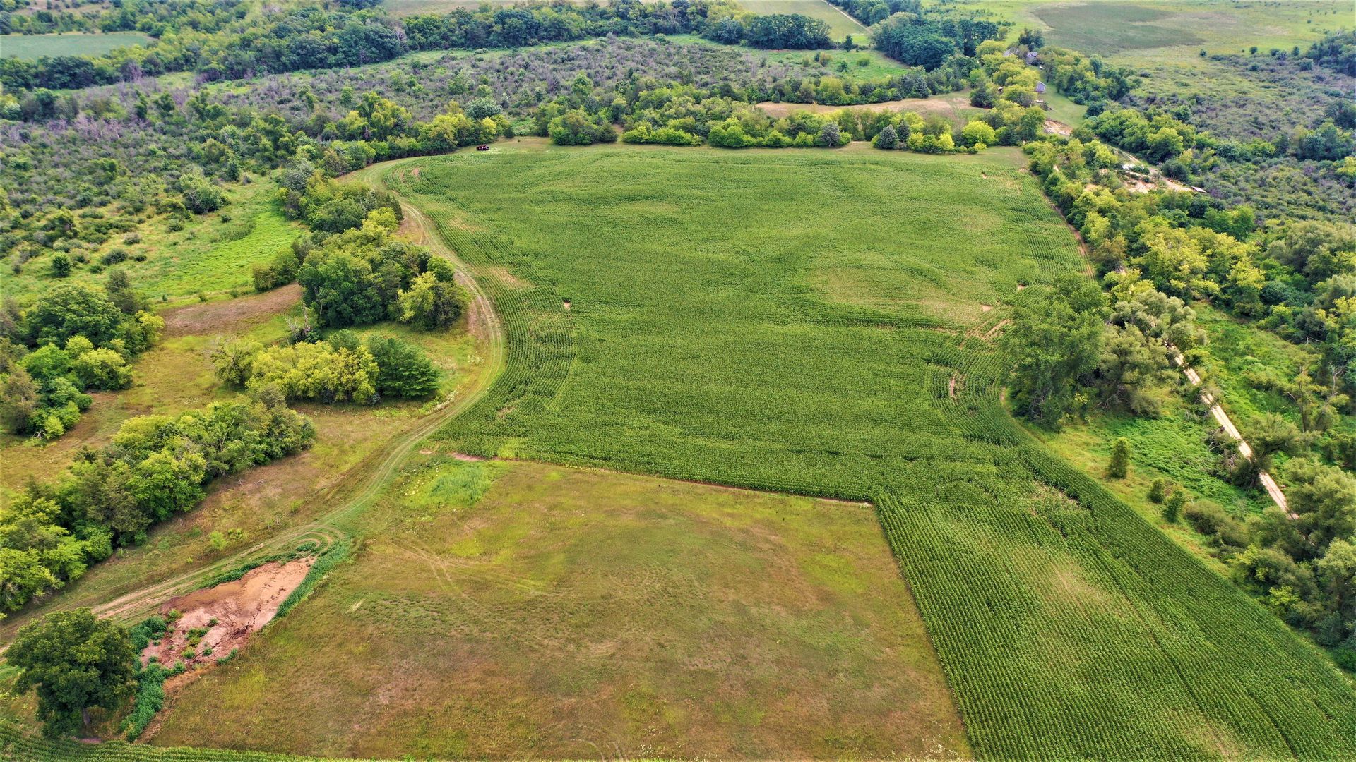 An aerial view of a large green field surrounded by trees.