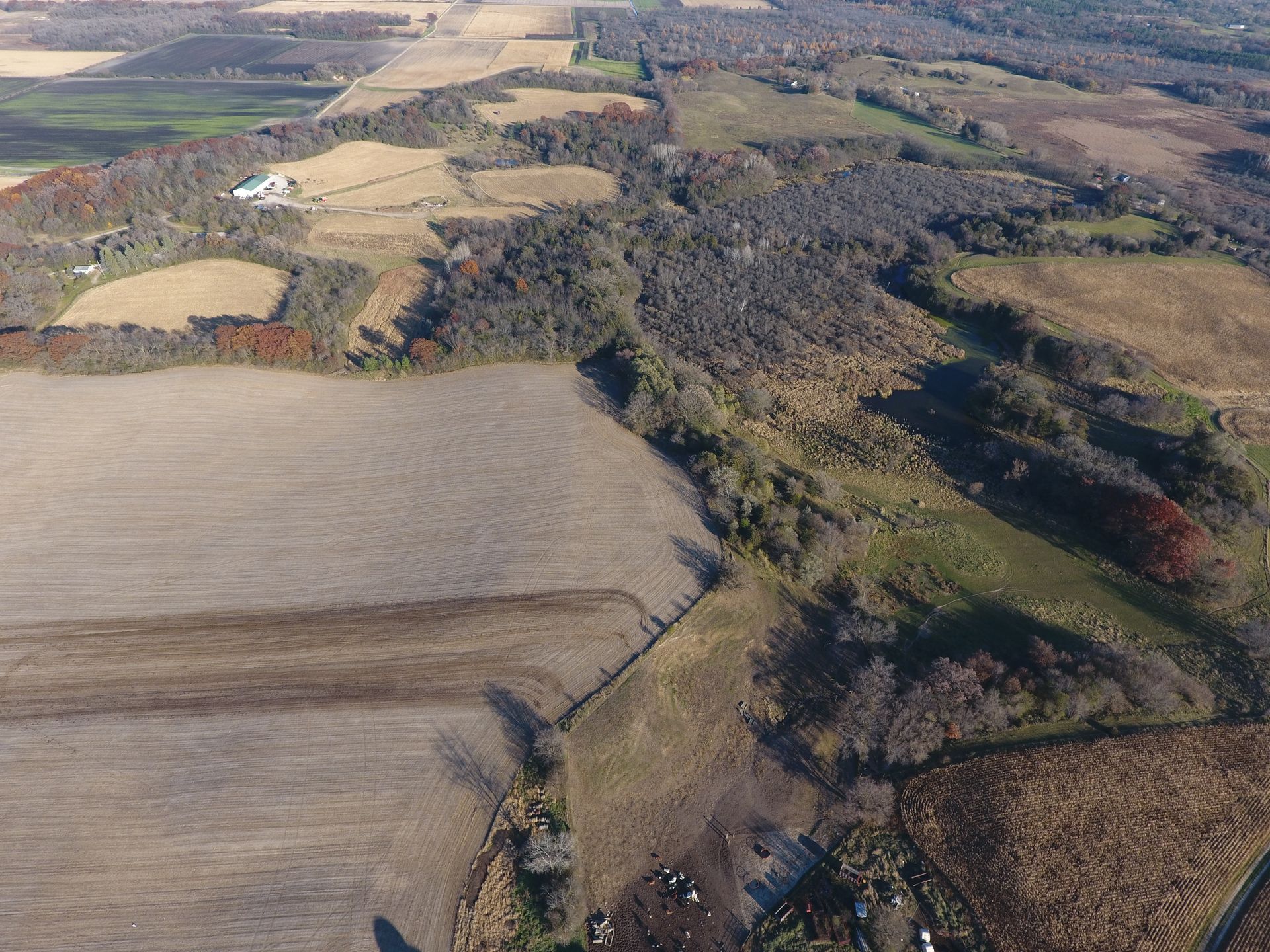 An aerial view of a landscape with fields and trees.