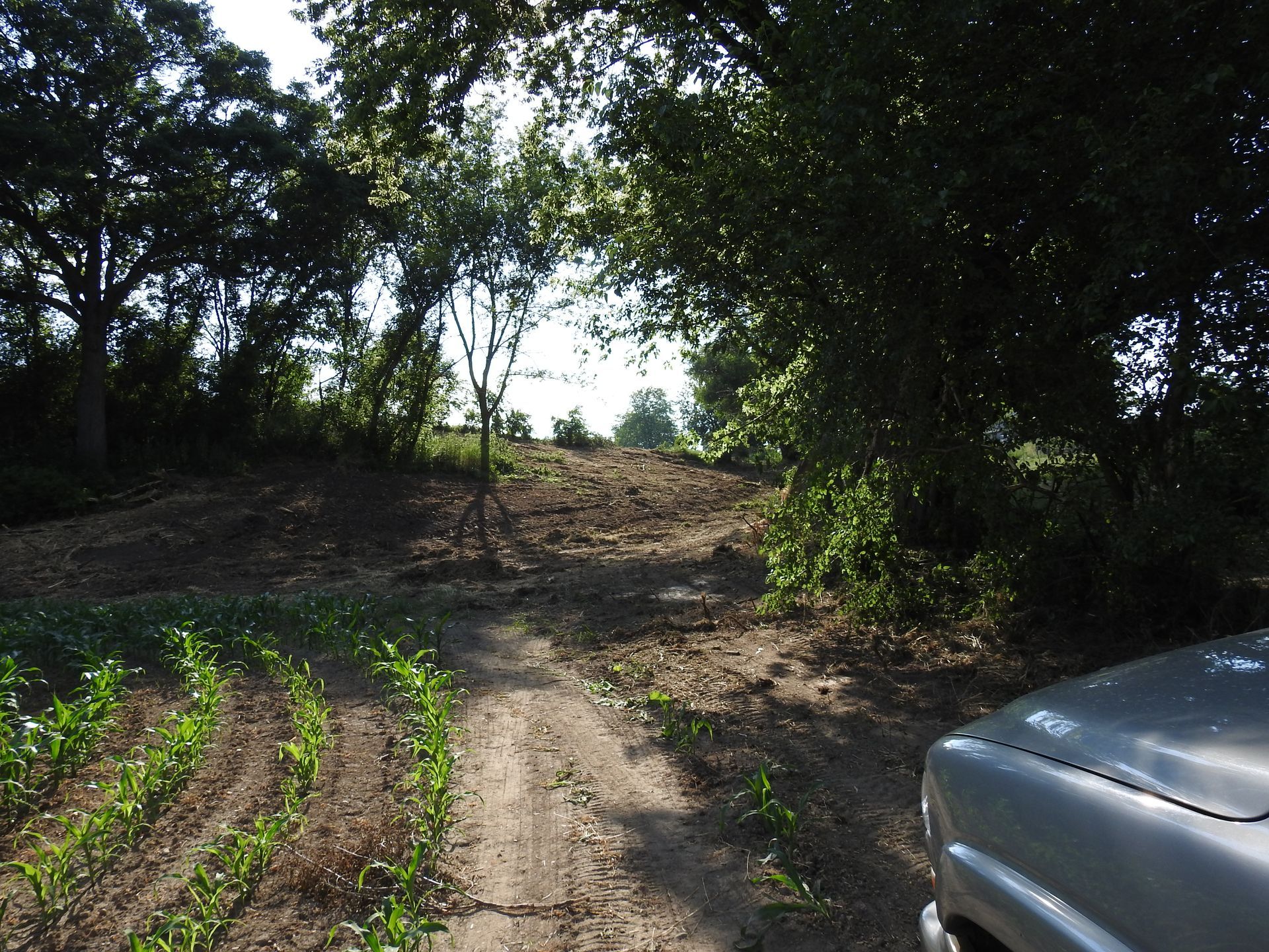 A car is parked on the side of a dirt road