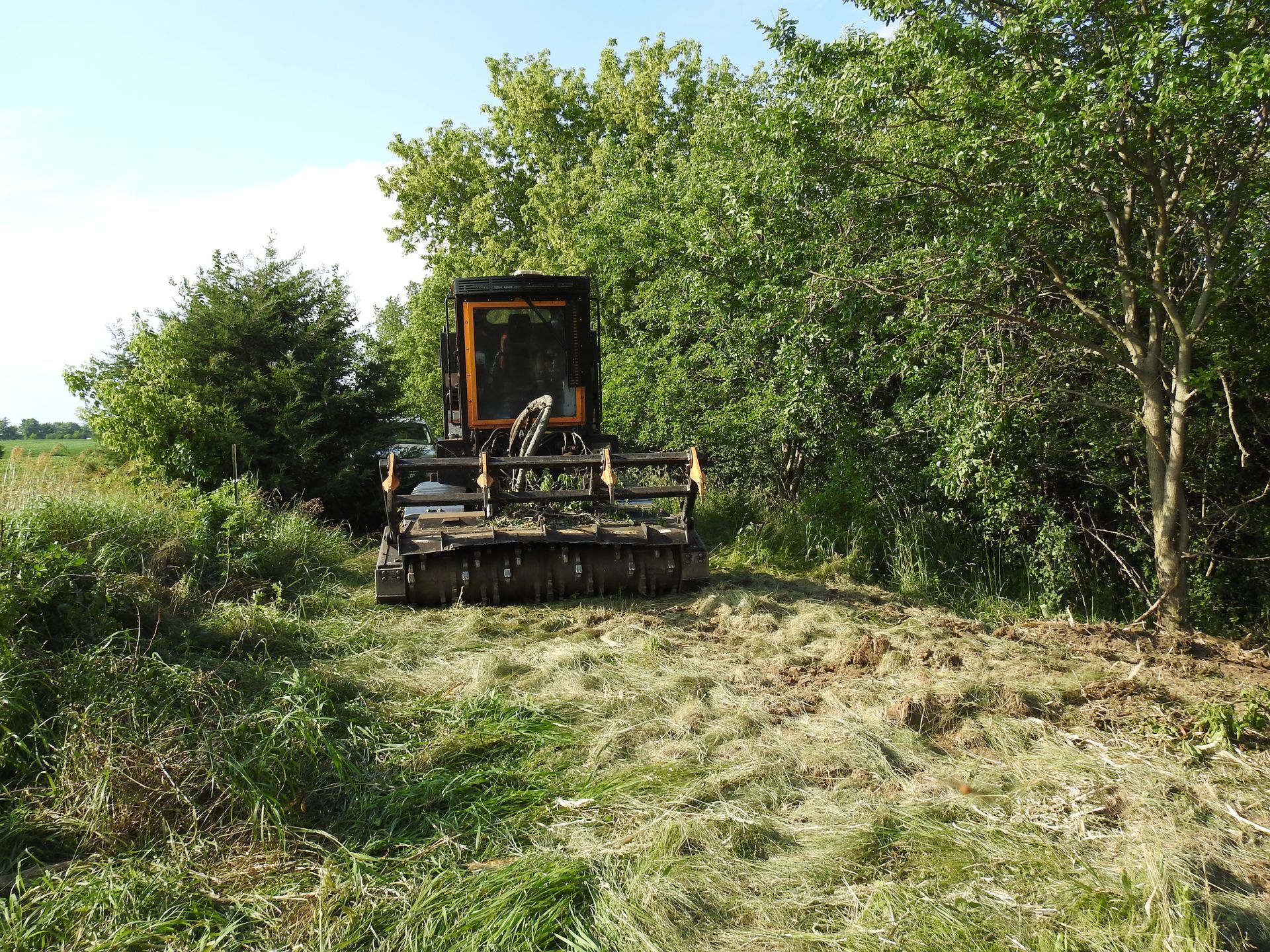 A tractor is cutting grass in a field with trees in the background.