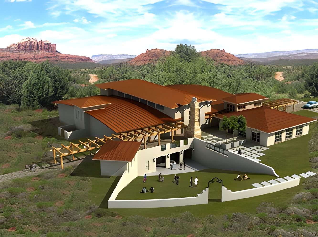 An artist 's impression of a large house in the middle of a field