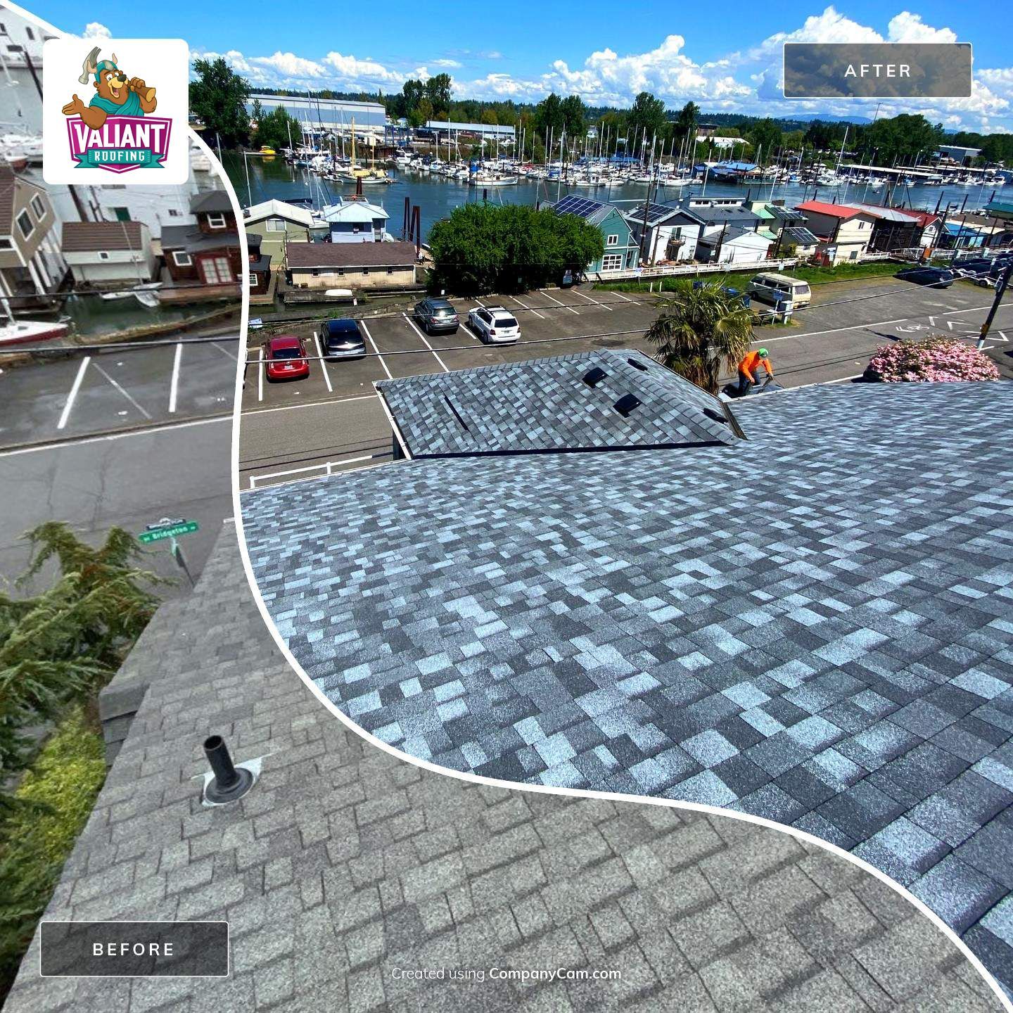 A before and after photo of a roof with a marina in the background.