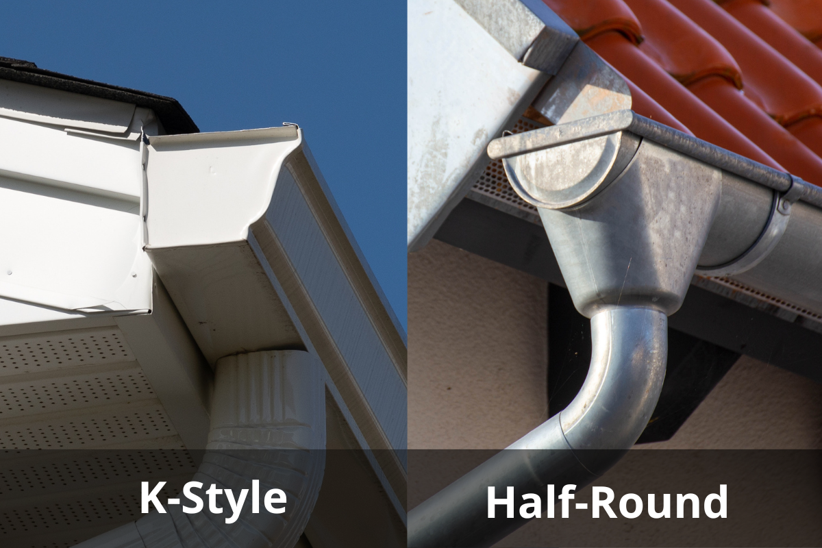 A picture of a half round gutter next to a picture of a k-style gutter