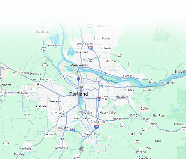 A map of portland , oregon with a river and mountains in the background.