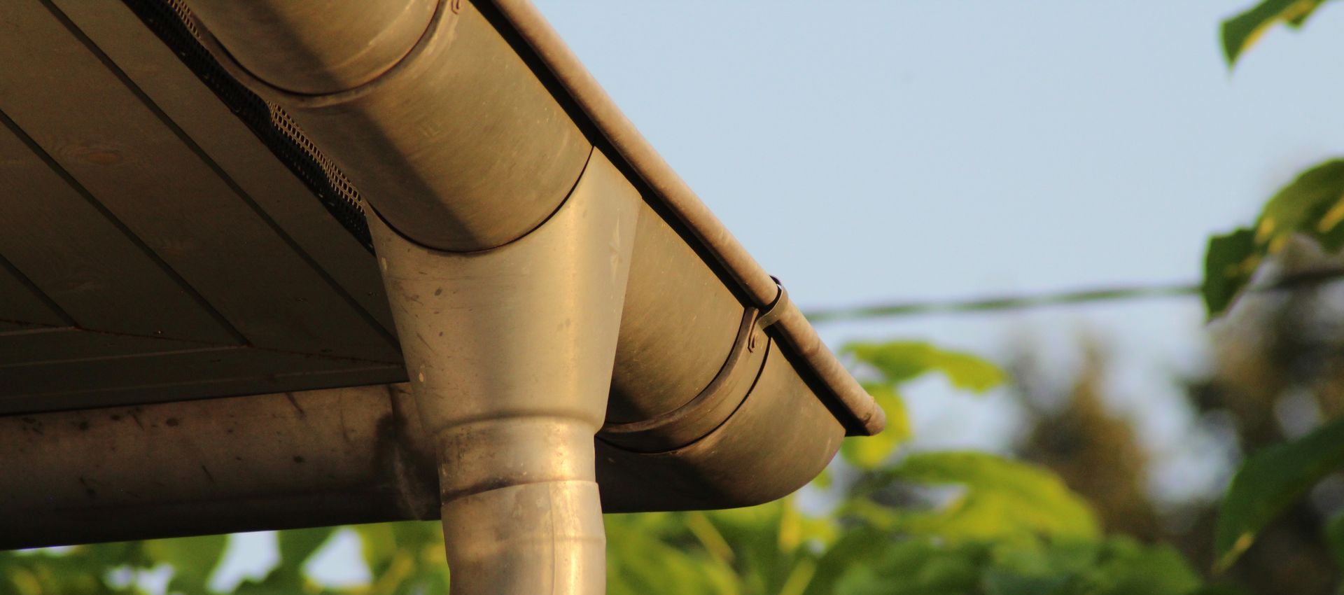 A close up of a gutter on a roof with trees in the background.