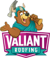 The logo for valiant roofing shows a bear holding a hammer and a log.