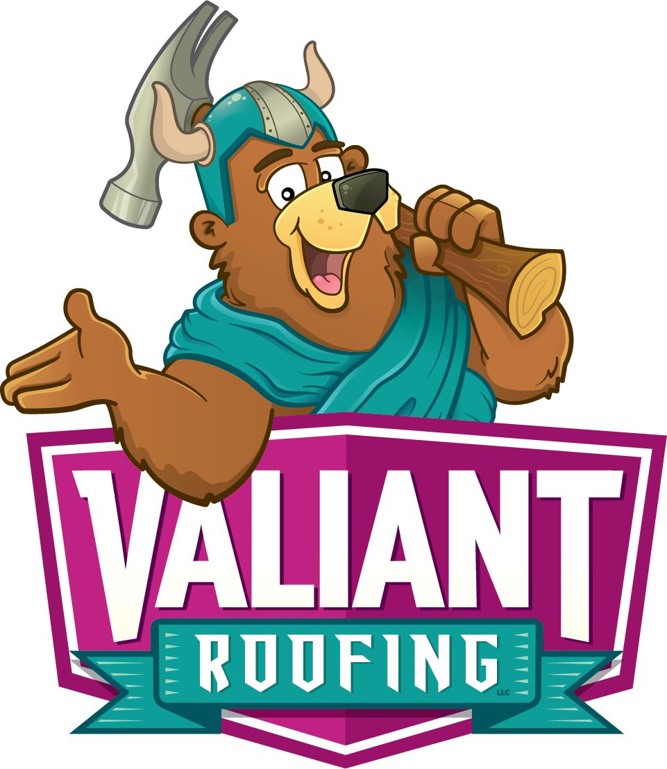 The logo for valiant roofing shows a bear holding a hammer and a log.