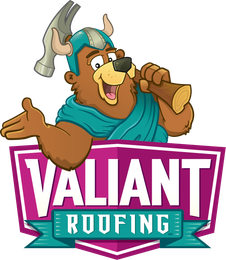 The logo for valiant roofing shows a cartoon bear holding a hammer and a log.