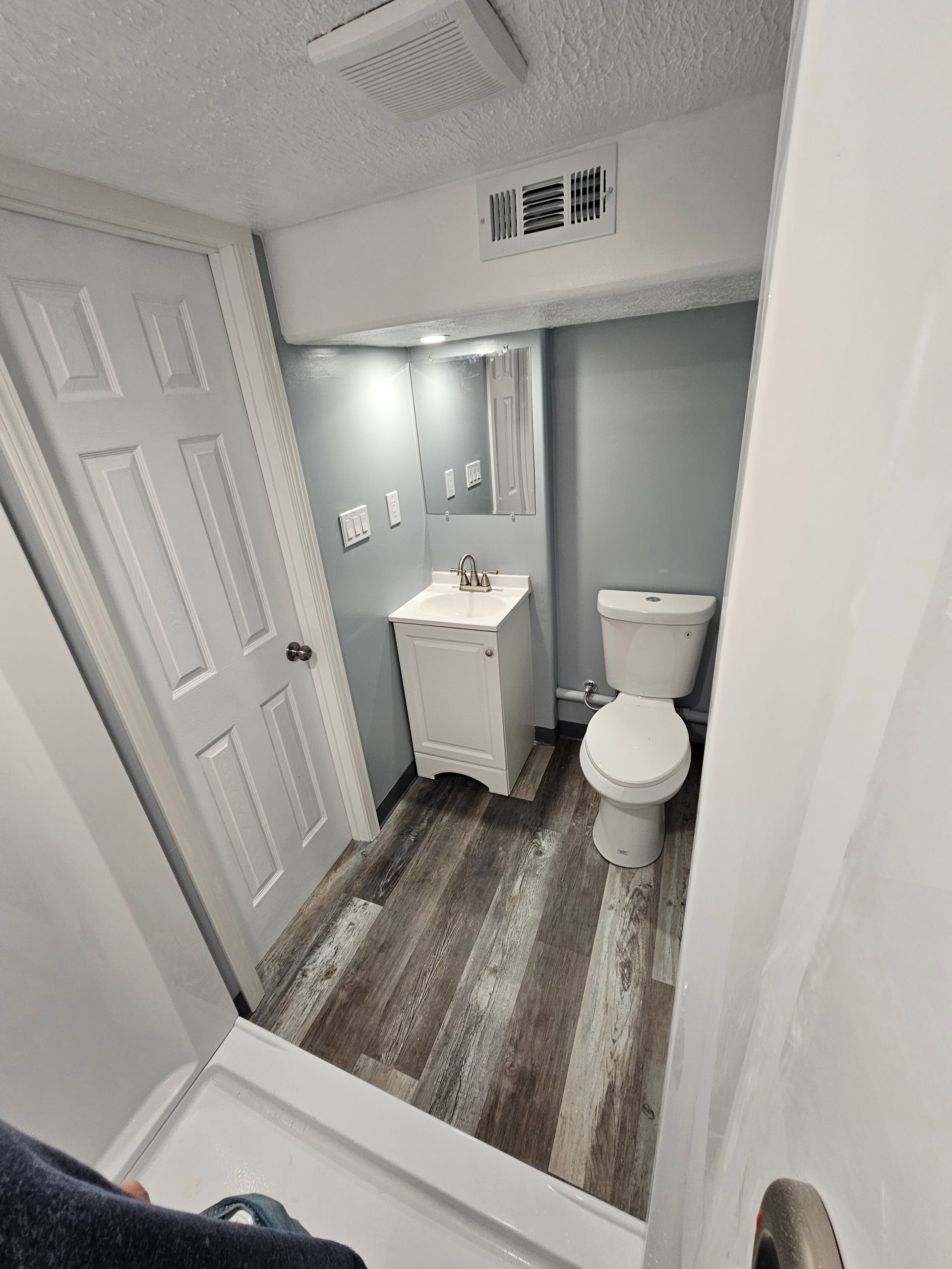 Small bathroom with a toilet, sink, and closed door; gray walls, wood-look floor.