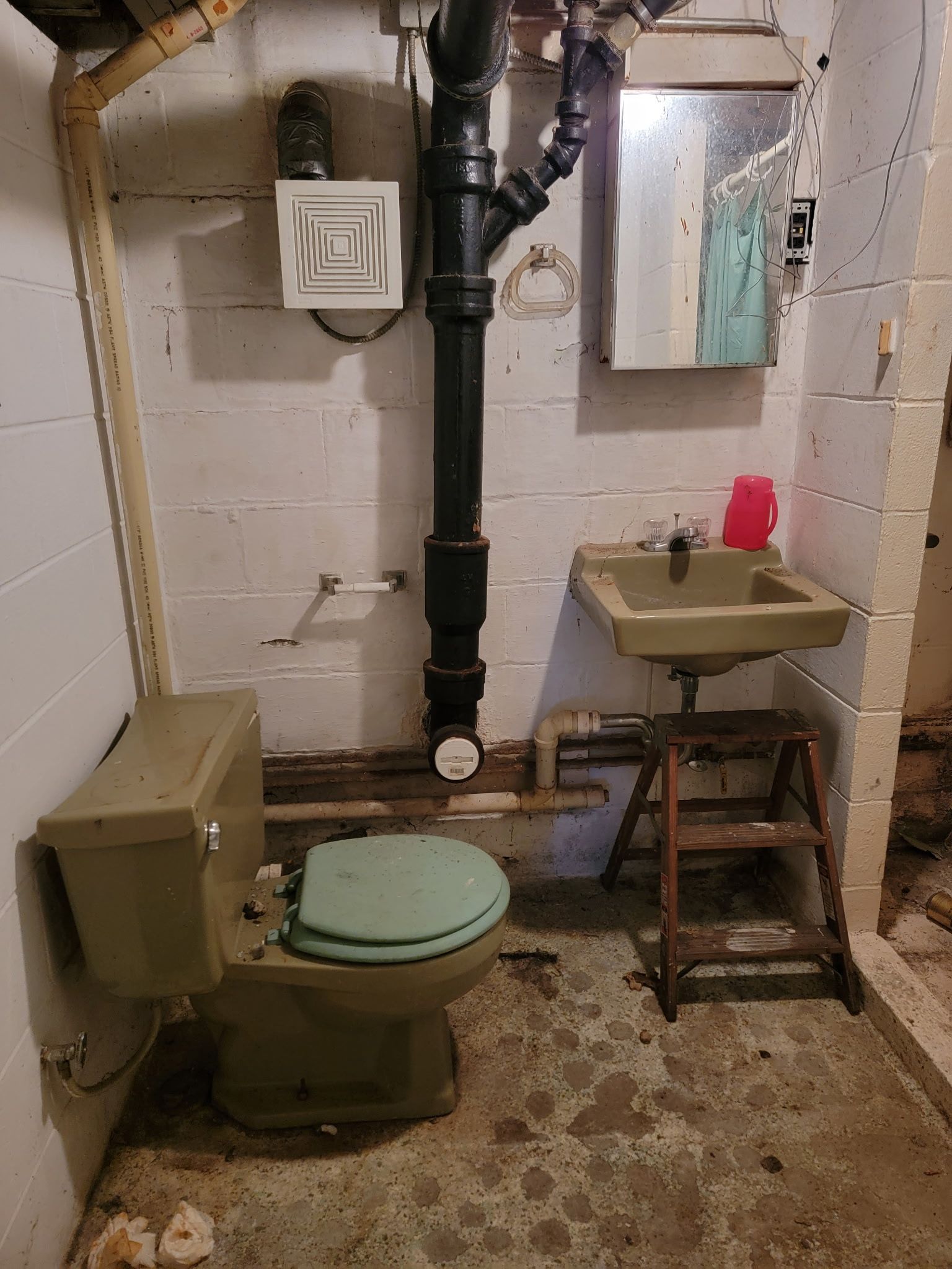 Basement bathroom with green toilet, sink on step stool, and exposed plumbing.